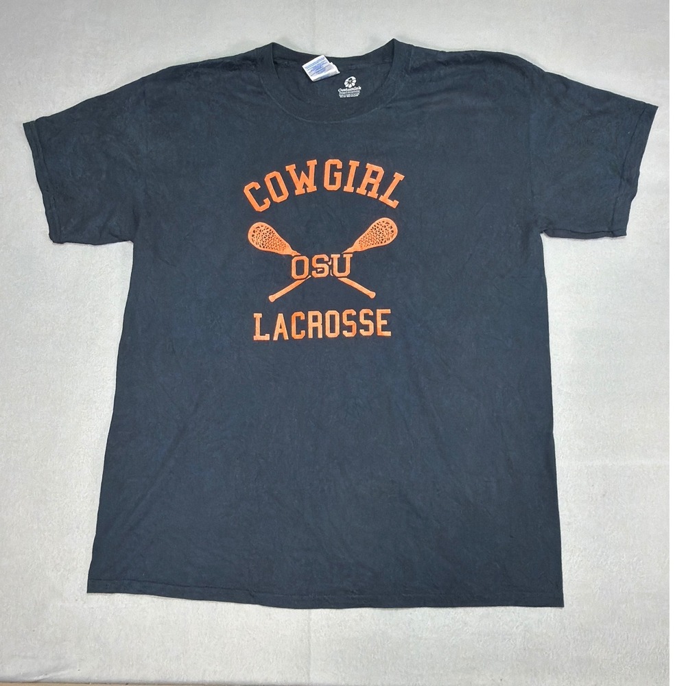 Gildan OSU Cowgirl Lacrosse T-Shirt Mens Large Black Orange Graphic Tee
